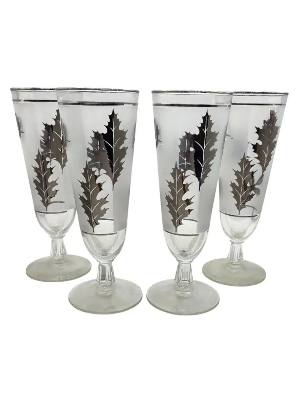 Vtg Libbey Silver Foliage Leaf Footed Pilsner Glasses Set Of 4 Frosted Champagne - Picture 1 of 12